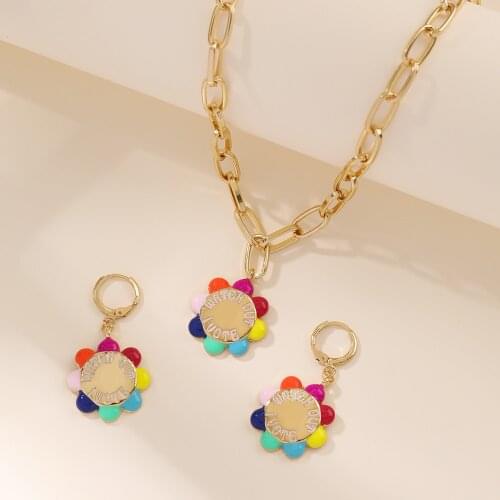 Lost Lady Rainbow Flower Jewelry Set for Women Metal Chain Choker Necklace Hoop Earrings Girl Wholesale Jewelry Accessories Gift