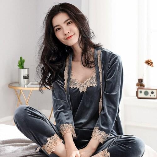 Pajama Womens Autumn and Winter New Womens Gold Velvet Three Piece Home Wear Korean Sexy Lace Suspender Pajama Set