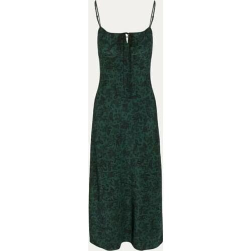 Holiday Green Floral Print Backless Dress Summer Woman Lacing up Collar Adjust Spaghetti Strap Dresses Beach Sling Vestidos