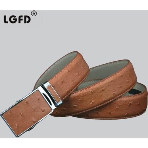 LGF1322 Ostrich automatic belt buckle cowhide genuine leather double stitched Mens Ratchet Belt