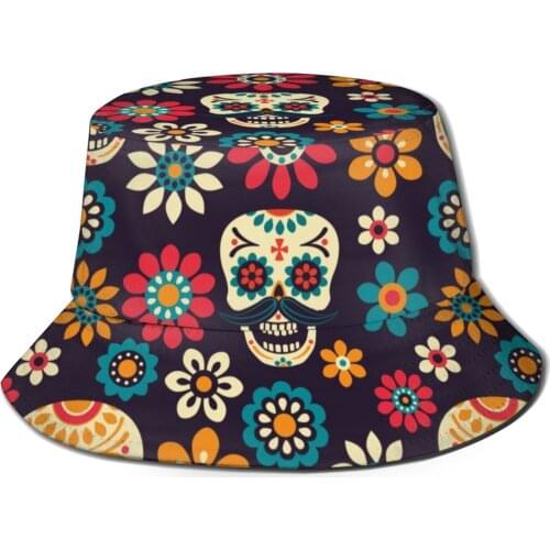 CINESSD Sugar Skulls And Flowers Day Of The Dead Sun Hat Bucket Hat for Men Women Bob Hip Hop Caps Summer Fisherman Hat Panama