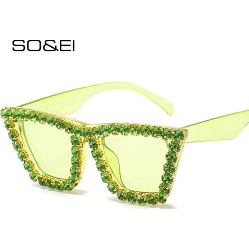 SO&EI Fashion Oversized Cat Eye Luxury Rhinestones Sunglasses Women Vintage Candy Color Diamond Eyewear Men Sun Glasses Shades