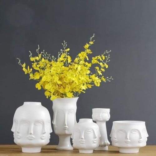 Modern creative Pure white home decor european ceramic flower vase with 3D face