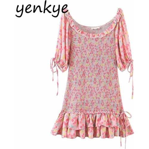 YENKYE Sweet Pink Floral Elastic Dress Women Lantern Sleeve Hem Ruffle Holiday Party Dresses Elegant Ladies Summer Mini Vestido