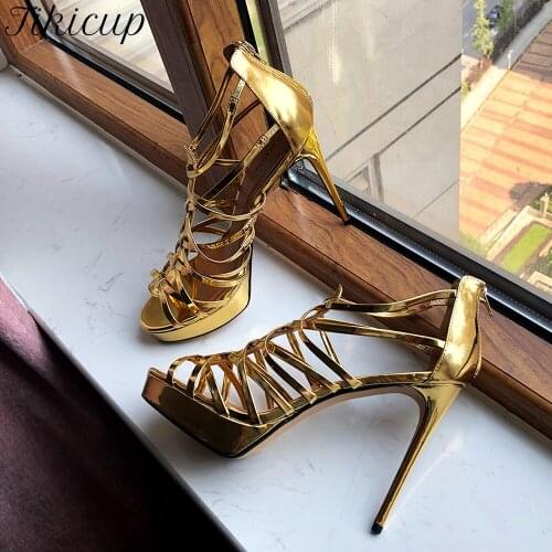 Tikicup Women Shiny Gold 13.5cm Ultra High Heel Platform Gladiator Sandals Crossdresser Sexy Stilettos Summer Pumps Size 39-50