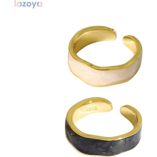 LOZOYA 925 Sterling Women Fashion Silver 2021 Gold Enamel White Black Enamel Resizable Rings Crystal Fine Jewelry Wedding Party