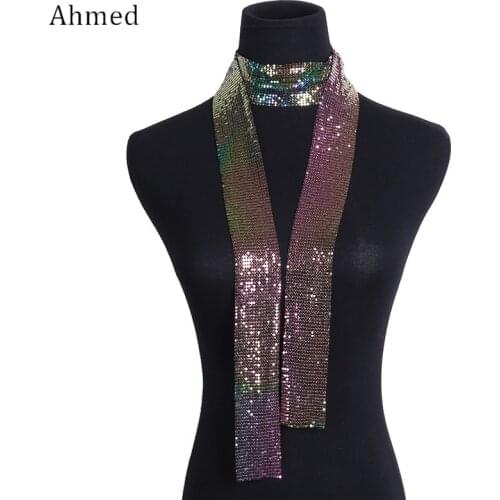 Ahmed Punk Aluminium Net Simple Sequins Necklace Scarf Collar Statement Colorful Long Chain Necklace for Women Jewelry Wholesale