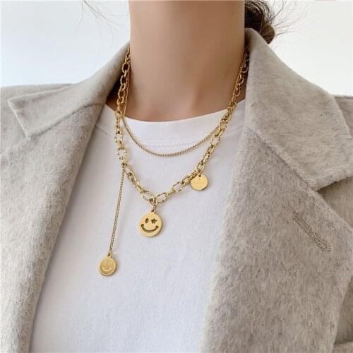 YUN RUO Hip-hop Gold Color Simling Face Pendant Necklace Double Chain Stainless Steel Jewelry Woman Fashion Accessory Wholesale
