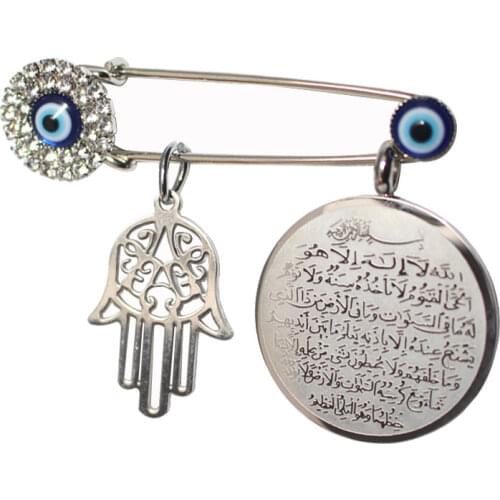 ZKD muslim islam hamsa hand of fatima AYATUL KURSI Allah Turkish evil eye Scarf Hijab crystal Stainless Steel Pin brooch