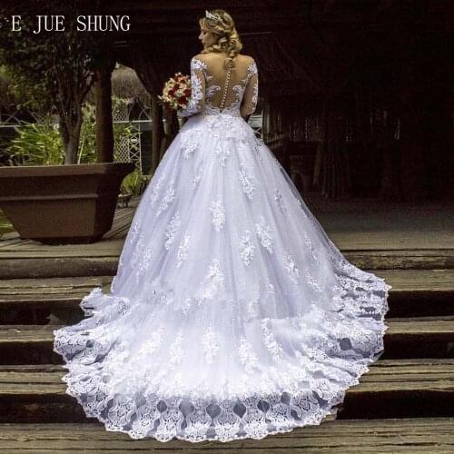 E JUE SHUNG White Lace Appliques Ball Gown Wedding Dresses Buttons Sheer Back Long Sleeves Bride Dresses robe de mariee
