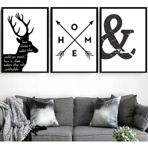 Black and White Elk Nordic Inspirational Hanging paintings Geometric Abstract Letter Encouragement Living Room Canvas Wall Art