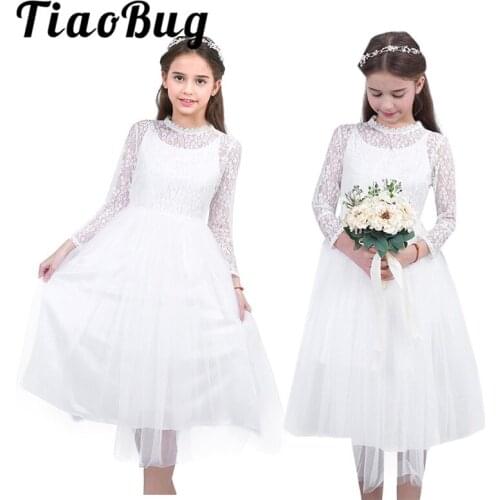 Children Kids Girls Lace Mesh Long Sleeves Flower Girls Dress Princess Pageant Wedding Birthday Party Ball Gowns Tulle Dress