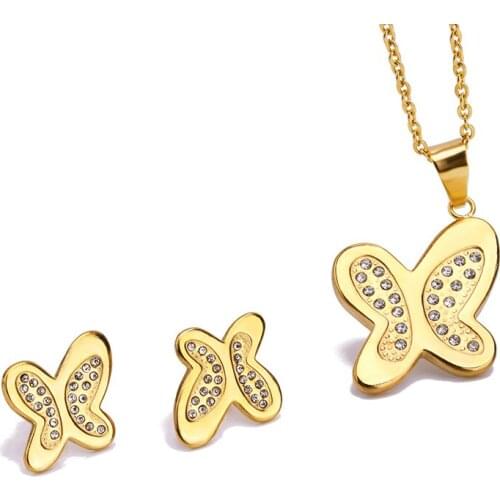 FairLadyHood Cute Butterfly Earring Necklace With Zircon Stainless Steel Woemn Jewelry Sets Gold Color Sweater Chain For Women