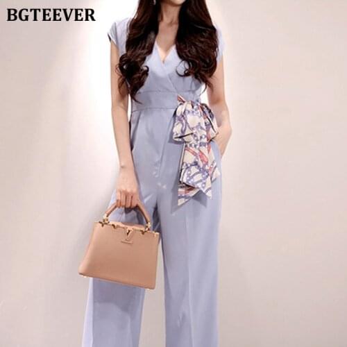 BGTEEVER Purple Sleeveless Wide Leg Pants Jumpsuits Chic O neck Tie Long Pants Summer Playsuit Elegant Women Jumpsuit Rompers