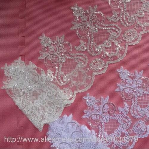 Delicate 9meters 24cm Sequins Ivory, White Fabric Flower Venise Venice Lace Trim Applique Sewing Craft for Wedding Dec. LW0231