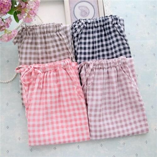 Plaid Pants Sleepwear Cotton Sleep Bottoms Loungewear Women Breathable Summer Autumn Home Clothing Pyjamas Casual Loose Trousers