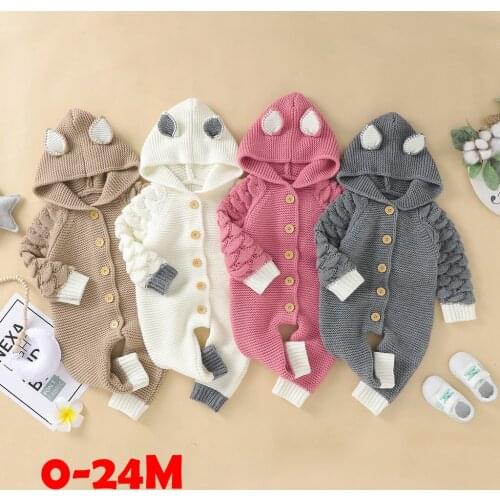 Baby Boy Romper Clothes 0-24M Newborn Jumpsuit Newborn Baby Girls Boys Winter Warm Knit Outwear Sweater Hooded Romper Jumpsuit