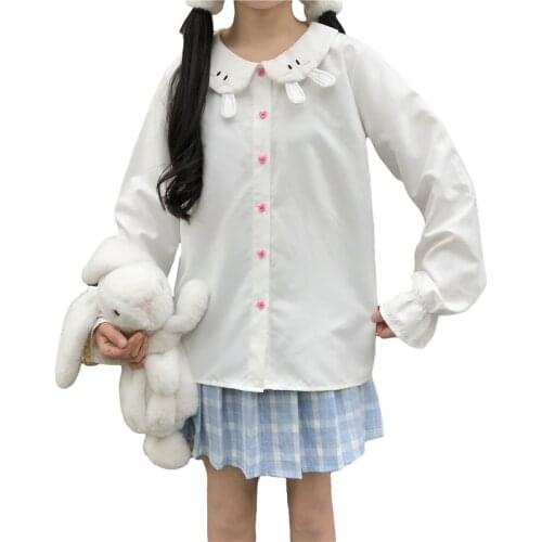 Sweet Kawaii Blouse Women Bunny White Shirt Girl Cute Fashion Button Down School Uniform Lolita Peter Pan Collar Long Sleeve Top