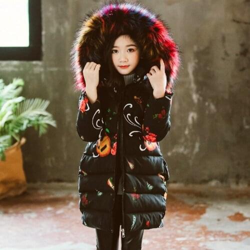 Fashion Printed Winter Girls Coats Thicken Cartoon Graffiti Overcoat Warm Hooded Kids Outerwear With Fur Collar Parkas Clothing