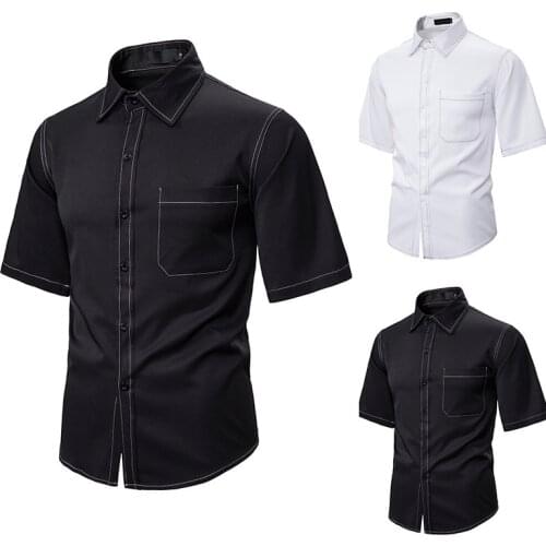 Mens Short Sleeved Shirt Solid Color Turn Down Collar Cardigan Shirt with Pocket Casual Slim Type Single-Breasted Tops