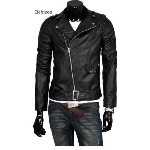 Mens Slim Casual Motorcycle Oblique Zipper Pu Leather Collar Cropped Pu Leather Jacket New Fashion