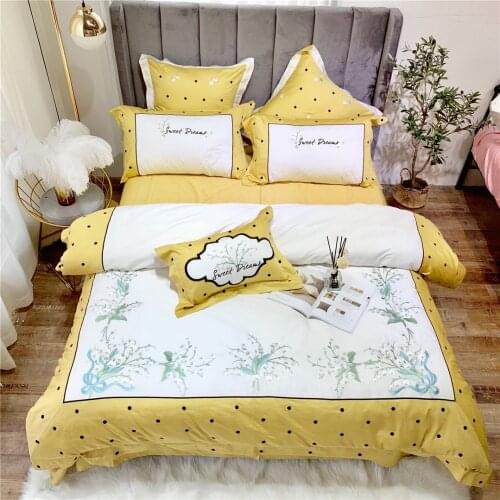 New Luxury 80S Egyptian cotton yellow Bedding sets Queen King Princess Duvet cover Bed sheet set Pillowcases 4/6pc white flower