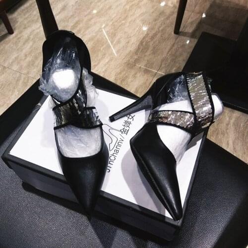 New style sexy lady black matt leather Criss-Cross strappy pointy toe high heels shoes pumps