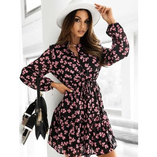 Autumn Dresses For Women Long Sleeve Stand Neck Ruffles Floral Casual Drawstring Mini Dress Party Elegant Office Lady Vestidos