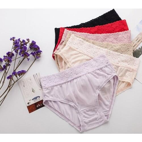 Birdsky, 3pcs Women briefs panties underwear, 100% natural mulberry silk, lace band, mid waist, quick dry, 6 colors. OR-09