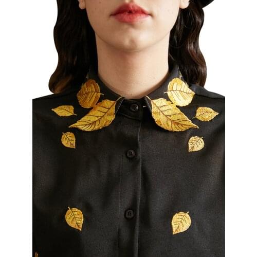 2021 Spring Women Golden Leaf Embroidery Bat Sleeve Shirt