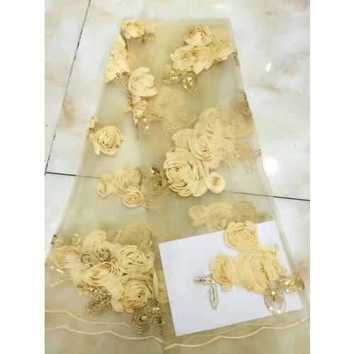 Yellow 3D French Lace Fabric With Flower Embroidery Gold Sequins Lace Fabric High Quality African Net Lace For Party Dress AFFJF