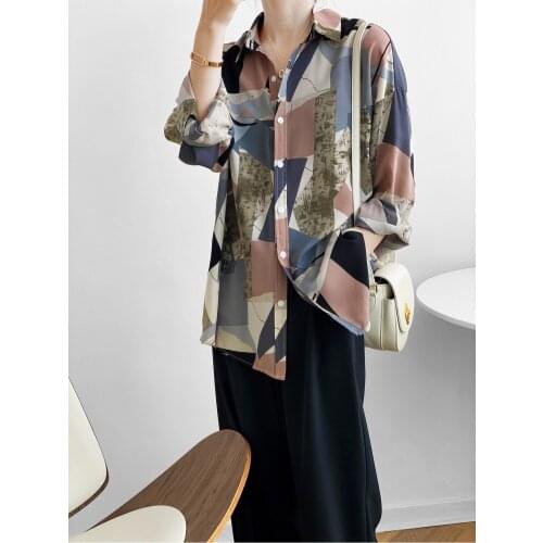 Retro Hong Kong style printed ladies shirt long sleeve top