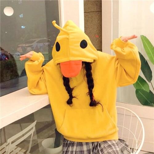 Kawaii Duck Hoodies Women Long Sleeve Cute Pullovers Tops for Teens Korean Style 2021 Autumn Winter Fashion Yellow Casual Tops