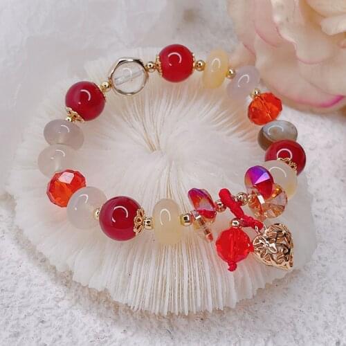 Exquisite Hollow Heart Pendant Pink/Red/Green/Gray Agate Crystal Beaded Bracelets for Women Fashion Jewelry Accessories YBR571