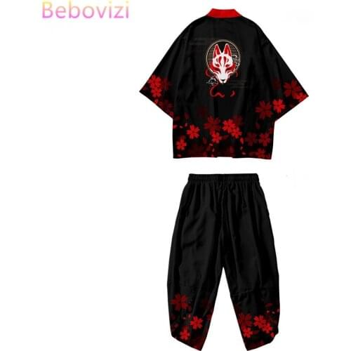 Plus Size XS-6XL Black Fox Printing Japanese Style Fashion Kimono and Pant Set Men Women Cardigan Blouse Haori Obi Asian Clothes