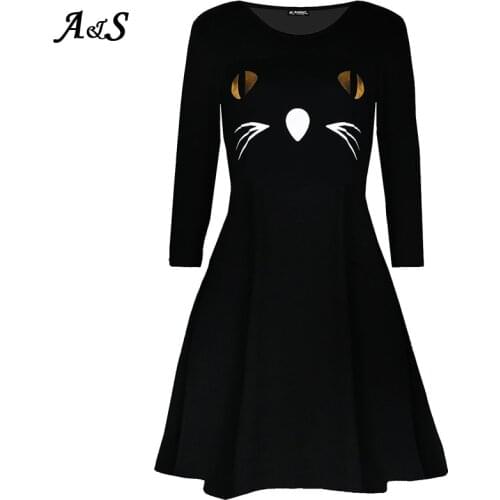 Anbenser Halloween Vintage Dress Women Cat Eyes Print Patchwork Midi Autumn Winter Dresses Long Sleeve Party Dress Plus Size