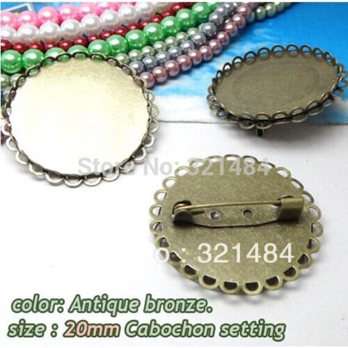 200pcs Antique brass bronze metal brooch safety pin with 20mm cabochon setting brooch blank base tray bezel findings