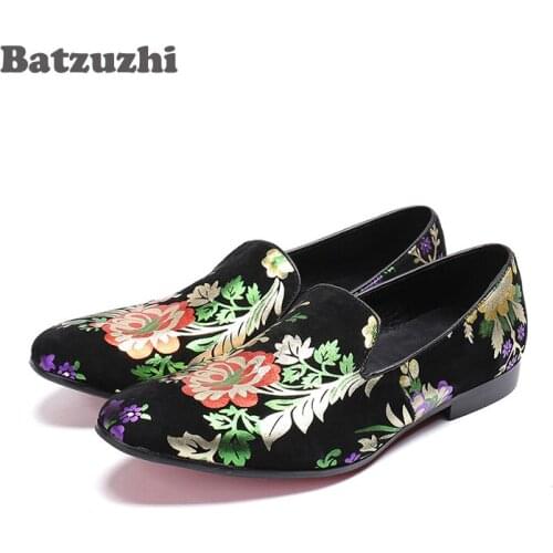 Batzuzhi Handmade Mens Shoes Black Suede Leather Men Loafers Shoes Erkek Ayakkabi Flats Print Flowers Party Casual Shoes Men, 12