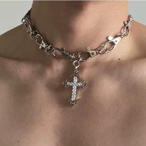 Flashbuy Punk Shiny Rhinestone Cross Pendant Necklaces Steel Chunky Stitching Thick Chain Neck Men Women Jewelry