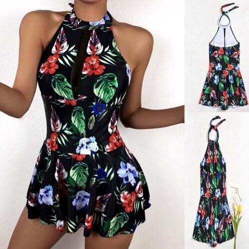 One Piece Bathing Suit Summer Swimsuit Skirt Bikini Set Sexy Backless Printed Swimwear Woman Urban Casual Halter Dress
