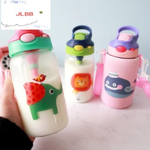 Kids Animals Glass Water Bottle with Straw Bag Strap Carrier Locking Top Lid Leak Proof BPA Free Gilrs Boys Travel Hiking 500ml
