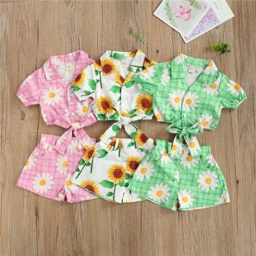 2 Pieces Kids Suit Set, Girls Daisy Print Turn-Down Collar Short Sleeve Tops+ Shorts for Summer, 1-5 Years