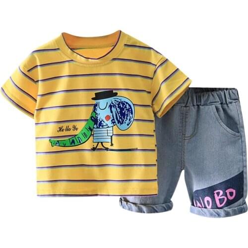 Summer Baby Boy Clothes Set Stylish Cartoon Print Striped T-Shirt + Denim Shorts Outfits Set Toddler Boy Clothing Suit