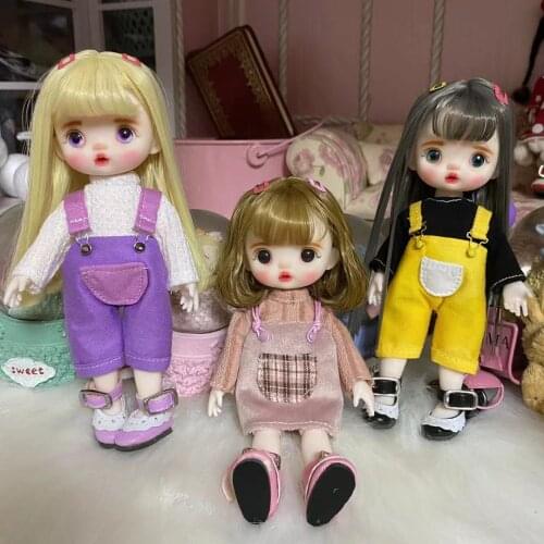 16cm Hand Make UP Bjd Doll Full set 13 Movable Joint Doll Long Wig Bjd Toy with Dress Round Face Mini Bjd Dolls Gift for Girl