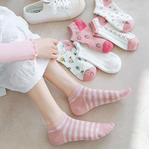 5 Pairs of 2021 Spring and Summer Strawberry Socks Women Short Socks Thin Cute Girls Sailboat Socks Ins Tide Shallow Cotton Sock