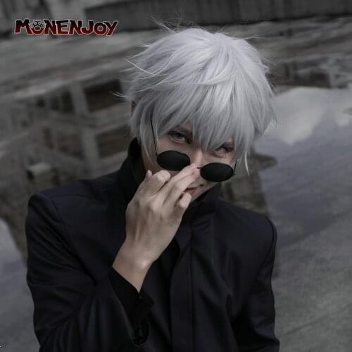 Monenjoy Jujutsu Kaisen Gojo Satoru Cosplay Wig White Grey Blue Curled Temples Cos Hair