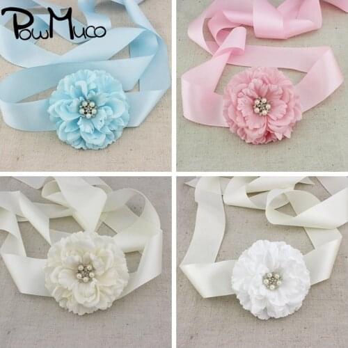 Powmuco Solid Color Handmade Peony Flowers Sash with Pearls Rhinestone Fashion Maternity Waistband DIY Wedding Party Decoration