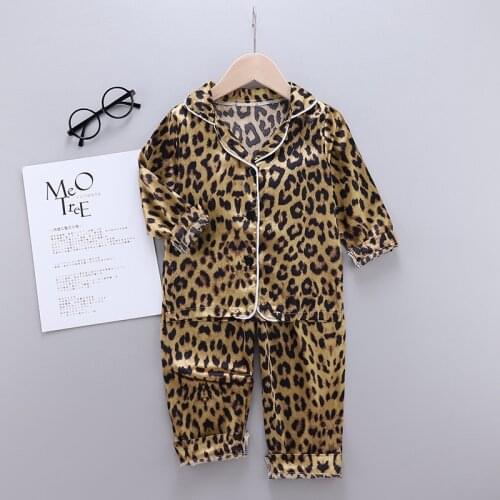 1-11Yrs Kids Pajama Leopard Set Silk Satin Clothes Boys Girls Pyjamas Long Sleeve Blouse Tops+Shorts Sleepwears