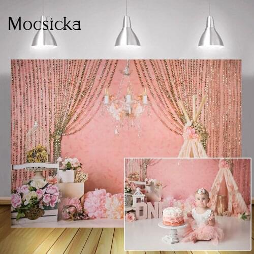 Pink Flowers Sweet Children Birthday Cake Smash Background Floral Camping Tent Spring Kids Portrait Backdrop Gold Curtain Photo