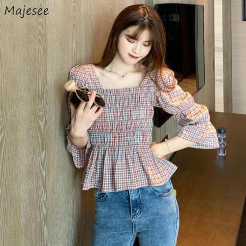 Shirts Women Square Collar Plaid Puff Sleeve Korean Sweet Style Loose Slim Cute Ladies Tops Design Stylish High Street Chic New